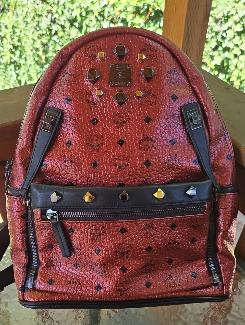 Large MCM Red  Studded Backpack - Picture 6 of 10